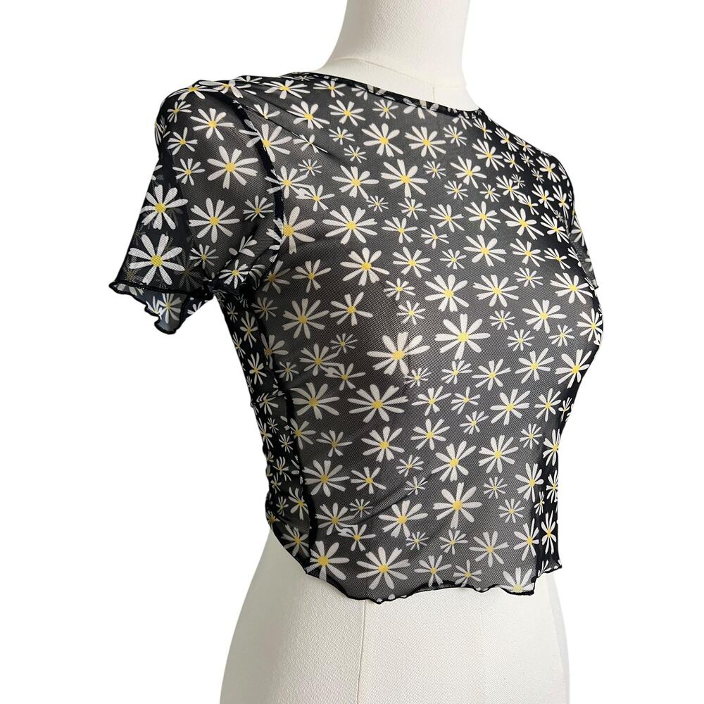 H&M Divided Mesh Crop T-Shirt Teens Small Black Daisy Floral Sheer Festival - Picture 2 of 7